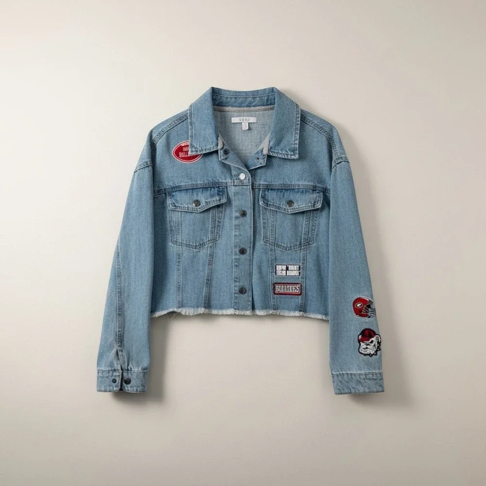 Georgia Bulldogs Denim Jacket Wear by Erin Andrews Blue Cropped Trucker L